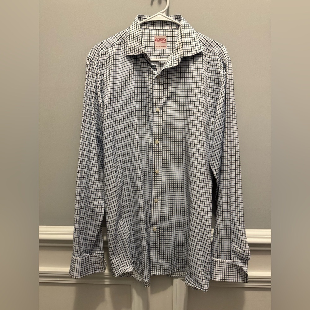 Raymond Shop White and Blue Grid Dress Shirt